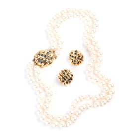Cultured Pearl, Sapphire, Yellow Gold Jewelry Suite.