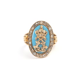 Diamond, Blue Enamel, 18k Yellow Gold Ring.