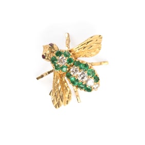 Diamond, Emerald, Ruby, 18k Yellow Gold Bee Brooch.