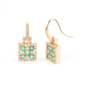 Pair of Emerald, Diamond, 14k Yellow Gold Earrings.