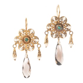 Smoky Quartz, Turquoise, Seed Pearl, 14k Gold Earrings.