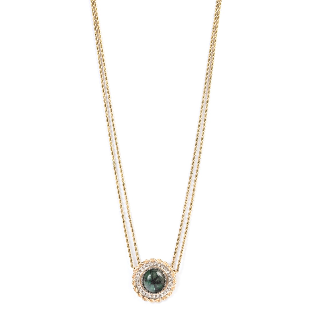 Trapiche Emerald, Diamond, Gold, Gold-Filled Necklace.: Trapiche Emerald, Diamond, 14k Yellow Gold, Gold-Filled Necklace. Featuring one oval shaped trapiche emerald cabochon measuring approximately 19 x 17 mm, surrounded by twenty-seven round-cut diamonds