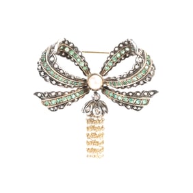 Vintage Multi-Stone, Silver-Topped, 14k Gold Bow Brooch