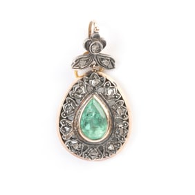 Emerald, Diamond, Silver-Topped, 14k Gold Pendant.