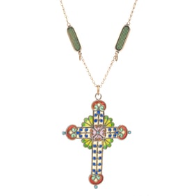 Plique-a-Jour Enamel, Silver Gold-Filled Cross Necklace