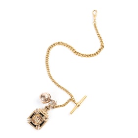 Diamond, Garnet, Enamel, Gold Watch Chain with Fobs.