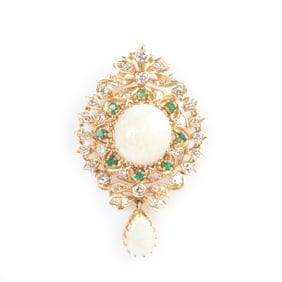 Opal, Emerald, Diamond, 14k Yellow Gold Pendant Brooch.
