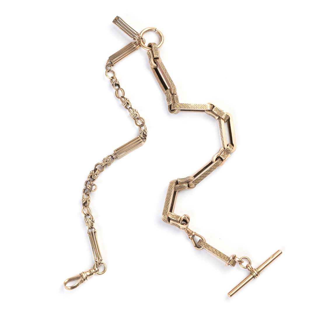 14k, 9k Yellow Gold Extended Watch Chain.: 14k, 9k Yellow Gold Extended Watch Chain. The 14k yellow gold fancy link, attached and extended to a 9k yellow gold fancy link, completed by a toggle and hook fob clasp, forming an 18 inch watch chain