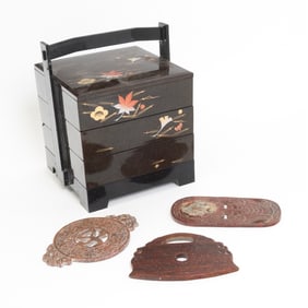 Three Chinese Hardstone Plaques in a Tiered Wooden Box