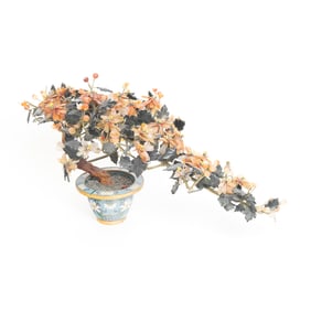 A Chinese Hardstone Tree on Cloisonne Jardiniere