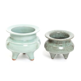 Two Chinese Guan Type Celadon Glazed Tripod Censers