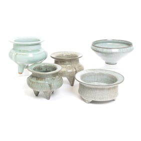 Group of Five Chinese Guan Type Celadon Glazed Items
