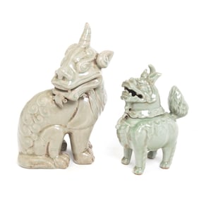 Two Chinese Celadon Glazed Porcelain Mythical Animals