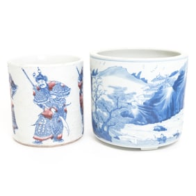Two Chinese Blue and White Porcelain Brush Holders