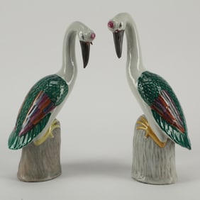 Pair of Chinese Polychrome Porcelain Cranes