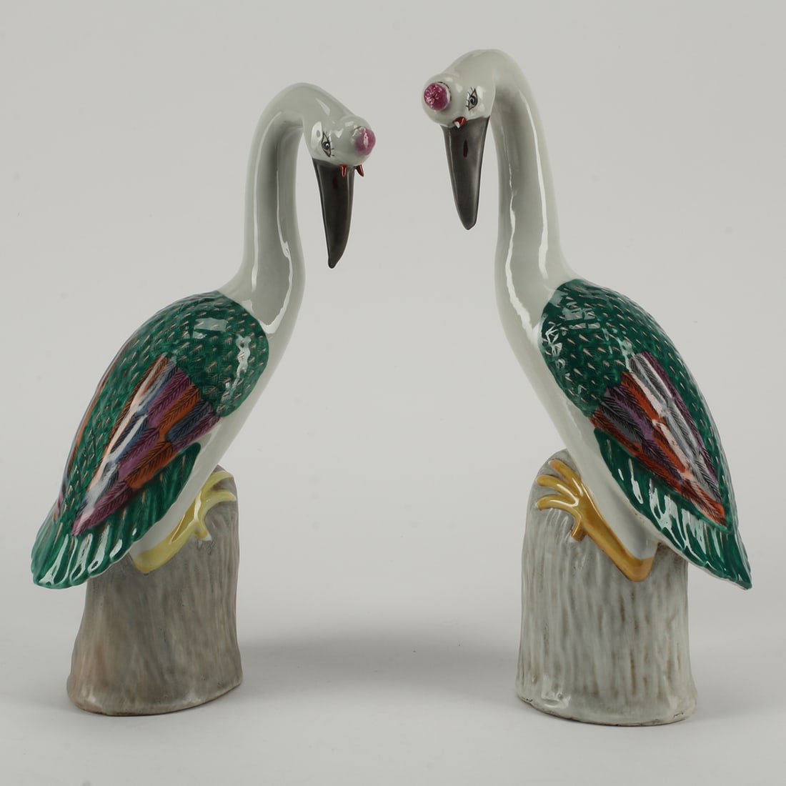 Pair of Chinese Polychrome Porcelain Cranes (1 of 4)