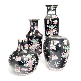 Four Chinese Black Ground Famille Rose Porcelain Items
