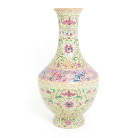 A Chinese Lime Green Ground Famille Rose Vase