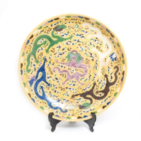 Chinese Yellow Ground Wucai Porcelain 'Dragon' Plate