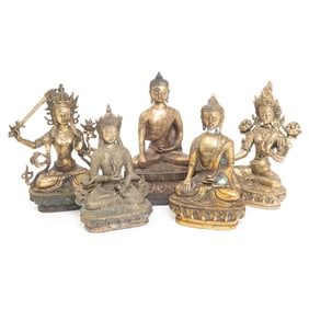Five Sino-Tibetan Gilt Bronze Buddha Statues