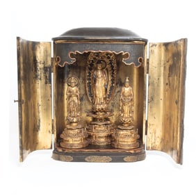 Japanese Gilt Wood Shrine with Three Buddhist Figures
