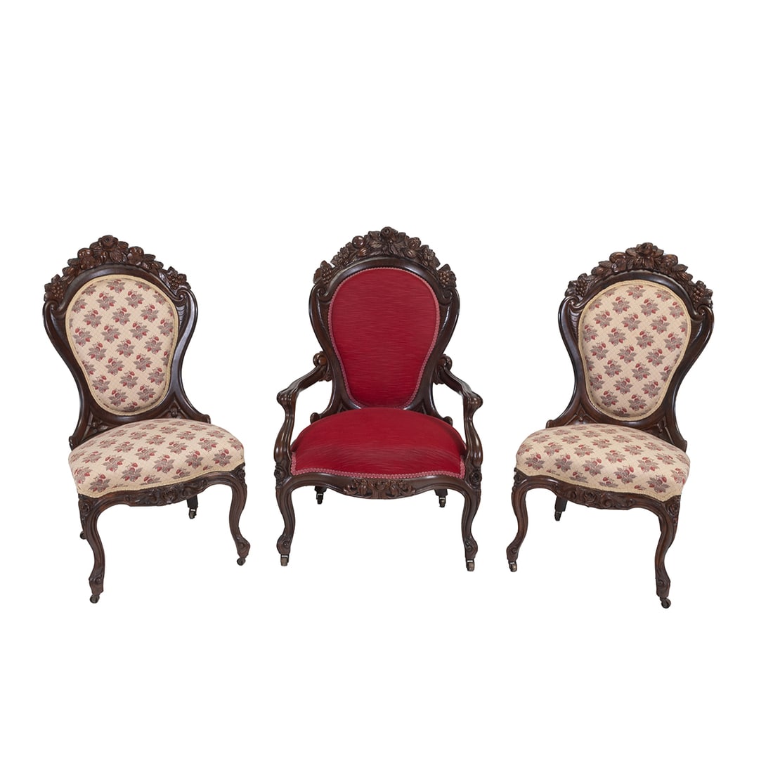 Three Belter Rosewood Rosalie Chairs: Three Belter Rosewood Rosalie Chairs. Comprising one armchair with red velvet upholstery, and pair of side chairs with matching strawberry motif upholstery. 19th century. {Approximate dimensions: Larg