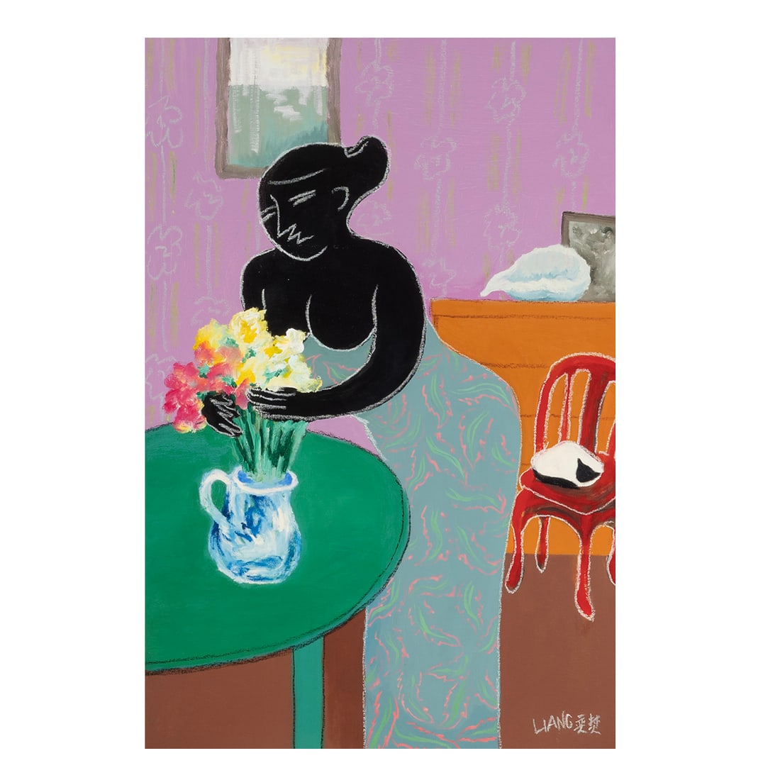 Liang Yifeng, Figure in Blue, mixed media: LIANG YIFENG (Taiwanese, born 1937), Figure in Blue, oil and oil pastel on canvas panel, (approximate dimensions - panel: 24 x 36 inches); signed lower right. Condition: Surface dust, slight frame abr