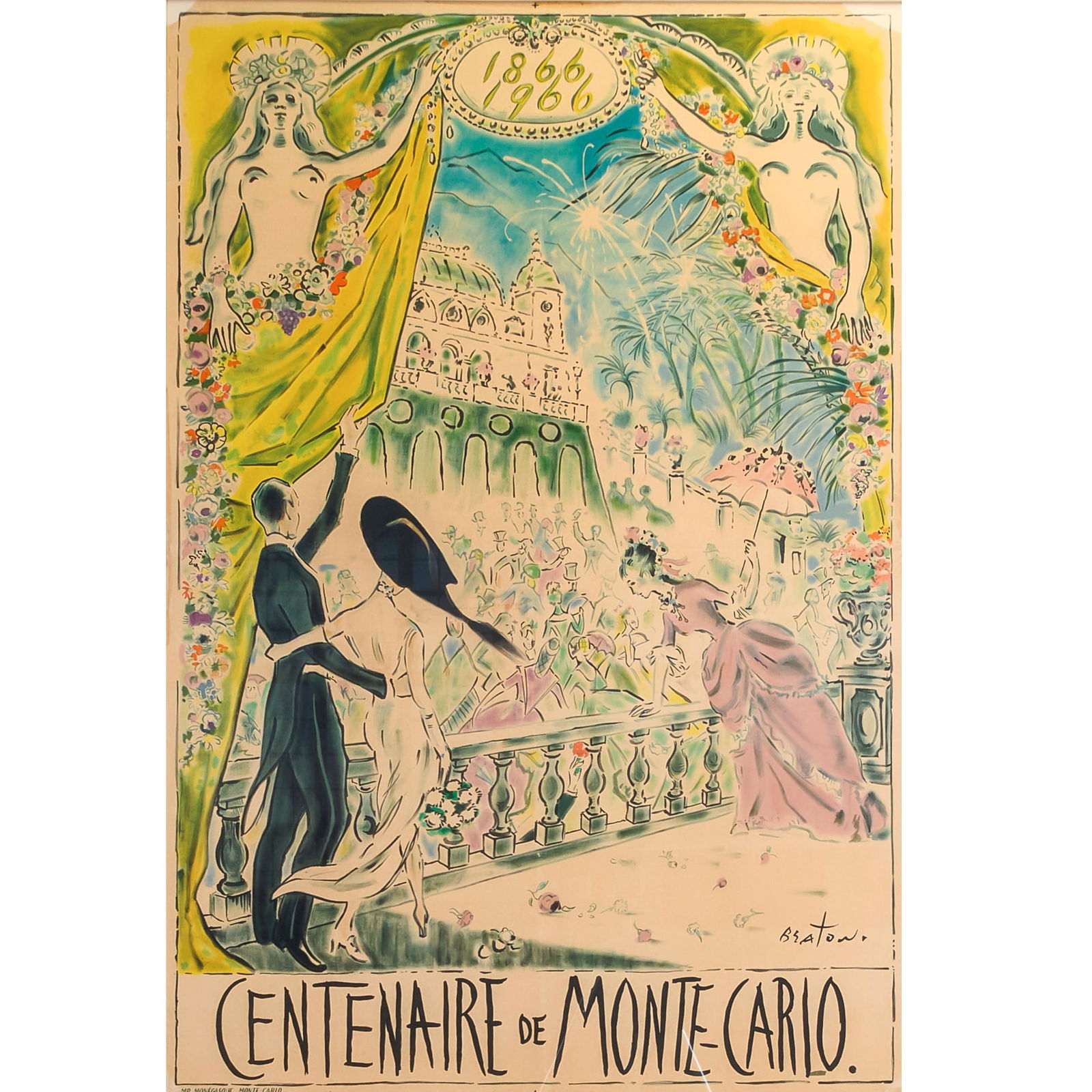 Cecil Beaton, Centenaire de Monte-Carlo, lithograph: CECIL BEATON (British, 1904-1980), "Centenaire de Monte-Carlo," 1866, 1966, lithograph in colors, (approximate dimensions - sight: 48 x 32 1/4 inches), signed in plate at lower right; printed by Moneg