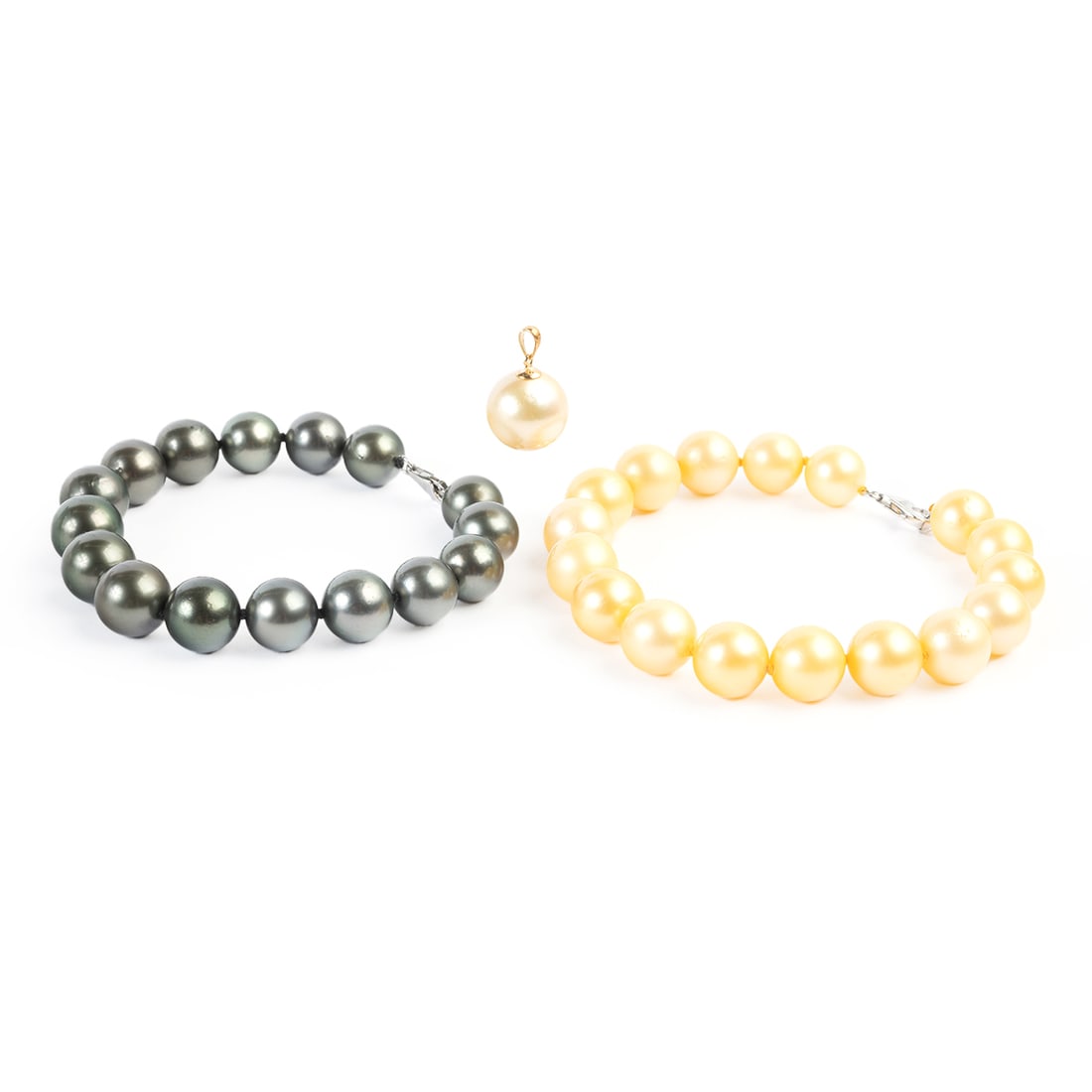 Cultured Pearl, Platinum, 18k Yellow Gold Jewelry Suite: Cultured Pearl, Platinum, 18k Yellow Gold Jewelry Suite. Including one Iliana golden south sea cultured pearl, 18k yellow gold pendant measuring approximately 12.4 mm; one golden south sea cultured pe