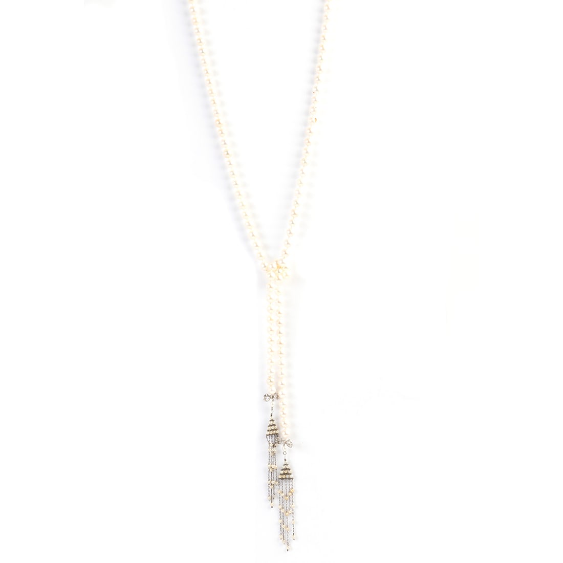 Cultured Pearl, Diamond, Platinum, Silver Sautoir.: Cultured Pearl, Diamond, Platinum, Silver Sautoir. Comprised of one hundred and twenty-five cultured pearls ranging in size from approximately 7.4 mm to 6.2 mm, terminated at each end by a diamond, pl