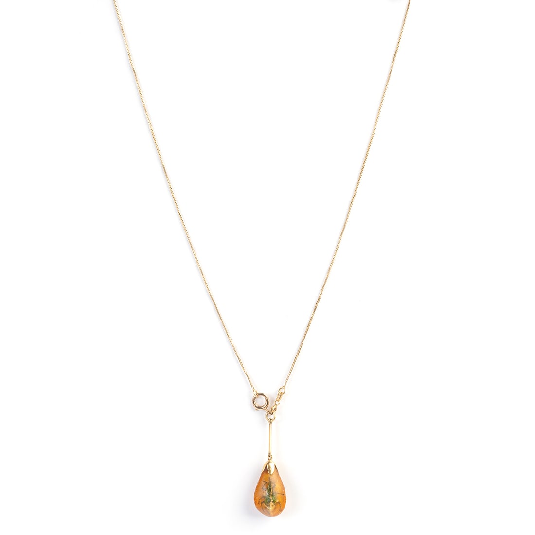 Victorian Amber with Beetle, Gold Pendant Necklace.: Victorian Amber with Beetle, Yellow Gold Pendant Necklace. Featuring one amber drop encapsulating a beetle, set in a 14k yellow gold mounting, suspended from an 18k yellow gold chain, forming a 24 inc