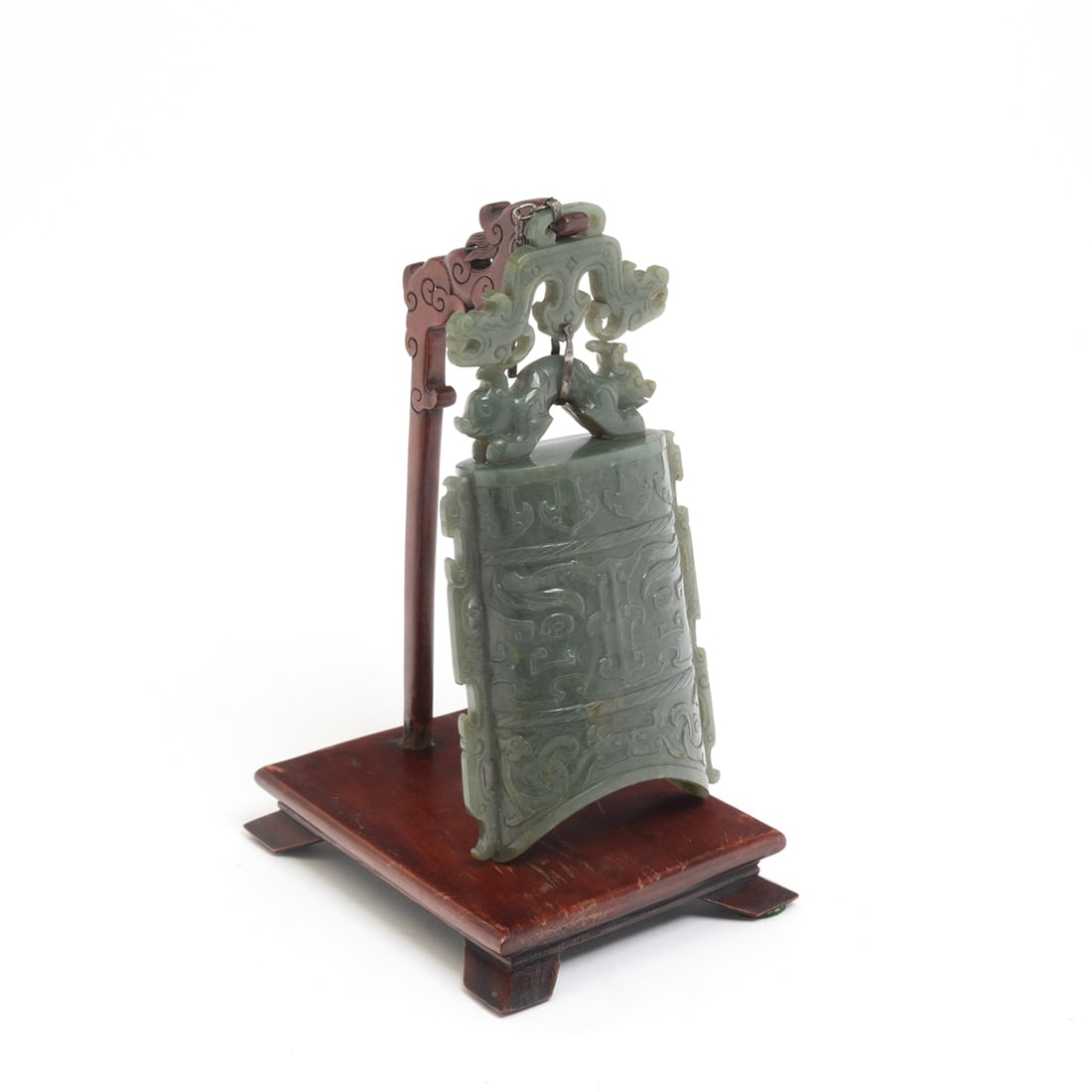 Chinese Dark Green Carved Archaistic Jade Bell on Stand (1 of 5)