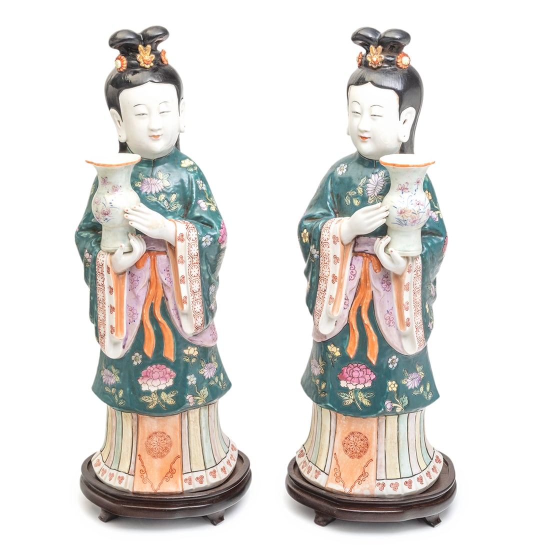 Pair Chinese Famille Rose Candlesticks of Ladies (1 of 3)