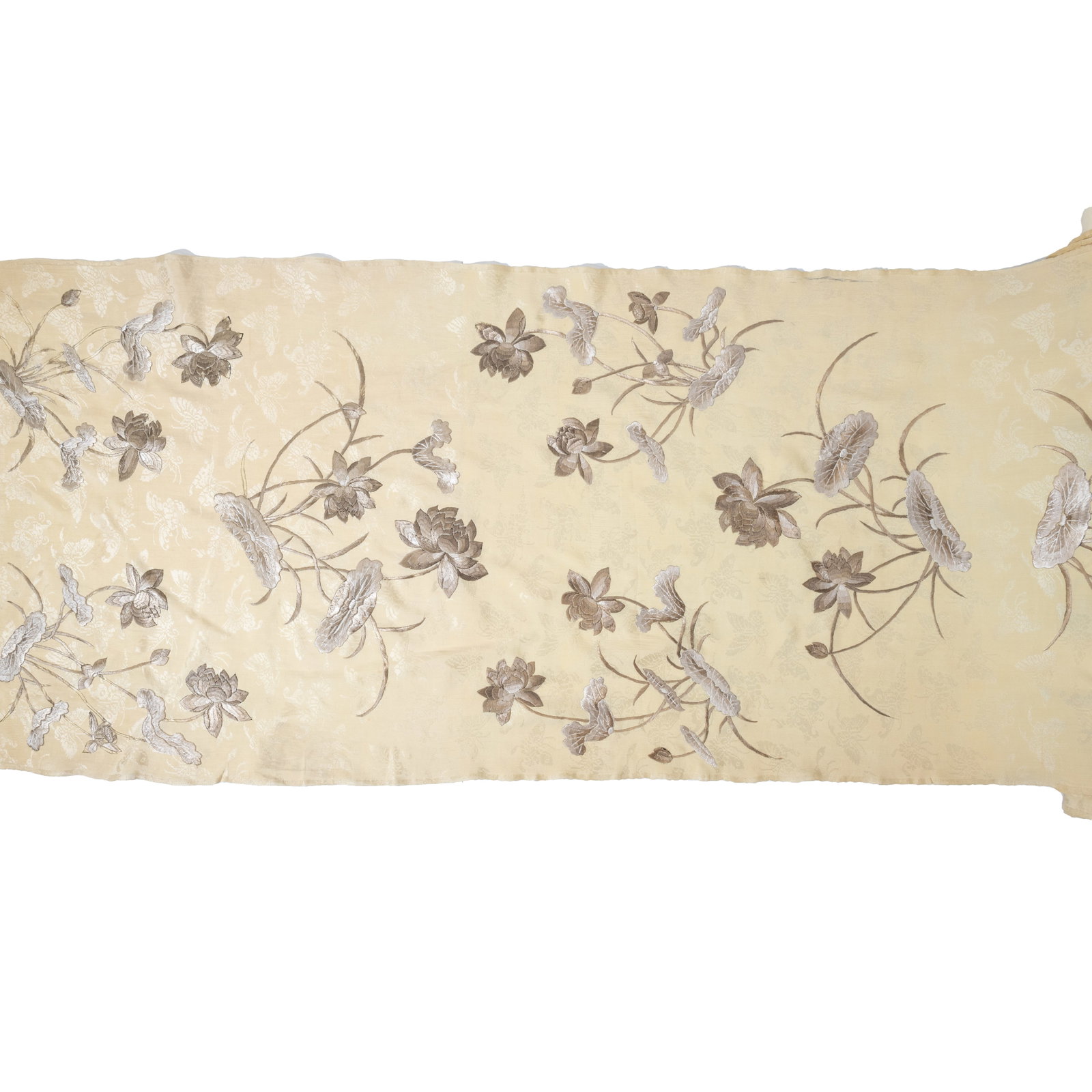 A Chinese Yellow-Ground Embroidered Silk Panel: A Chinese Yellow-Ground Embroidered Silk Panel. Finely embroidered on a light yellow ground and decorated with a pattern of flowers and trees. {412 x 19 inches (1046.5 x 48.2 cm)}. Condition: In overa