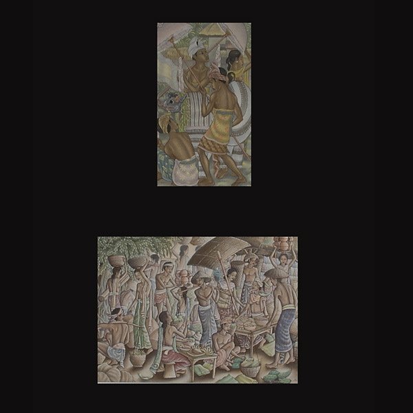 Balinese School 2 works: "Bali" & "Village Scene" : Balinese School (20th Century) Two works: "Bali" & "Village Scene" Gouache on canvas. Bali: 22 x 13.5 inches/ 56 x 34.3 centimeters. Village Scene, Sight: 19 x 26.75 inches/ 48.2 x 68 centimeters. Bal