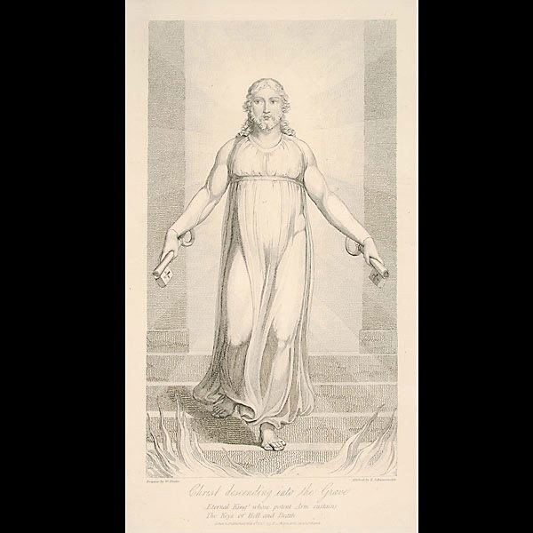WILLIAM BLAKE "Christ Descending into the Grave": WILLIAM BLAKE (English 1757-1827) "Christ Descending into the Grave" Etching on paper. Sight: 10.75 x 5.75 inches/ 27.4 x 14.6 centimeters. Frame: 17.75 x 12.75 inches/ 45.1 x 32.4 centimeters.