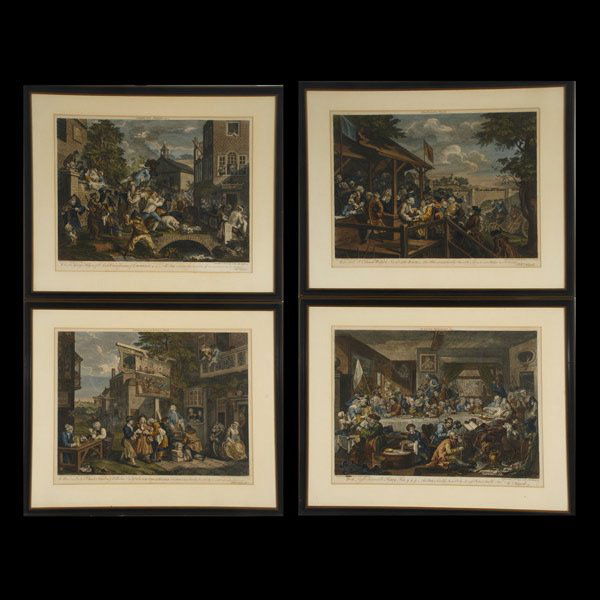 After WILLIAM HOGARTH "Election Series": After WILLIAM HOGARTH (British 1697-1764) Four works: "Election Series" Lithographs on paper laid to board. Image: 16 x 21.25 inches/ 40.6x 54 centimeters. Frame: 24 x 29 inches/ 61 x 73.6 centimeters