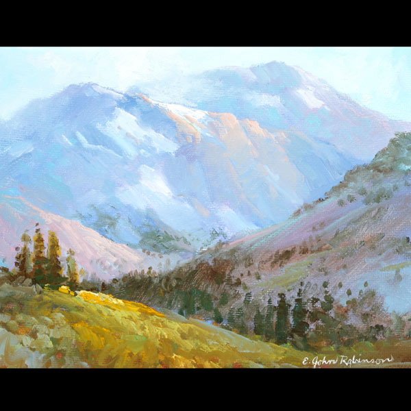 E. JOHN ROBINSON "Sierra Peaks" : E. JOHN ROBINSON (American 1922-2008) "Sierra Peaks" Oil on masonite. 11 x 14 inches/ 27.9 x 35.5 centimeters. Signed lower right "E. John Robinson" Verso: Signed & titled "E. John Robinson, Sierra Pe