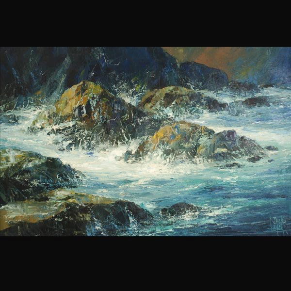 JACK LAYCOX "Breaking Surf": JACK LAYCOX (American 1921-1984) "Breaking Surf" Oil on canvas. 24 x 36 inches/ 61 x 91.5 centimeters. Signed lower right "Jack Laycox" Frame: 29.5 x 41.5 inches/ 74.9 x 105.4 centimeters.