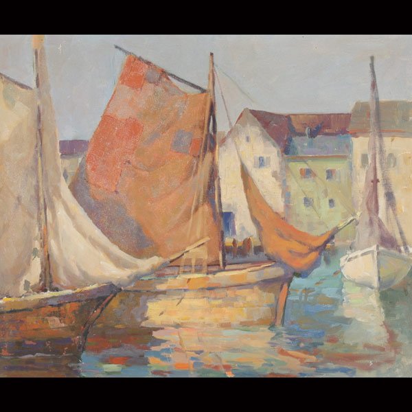 Circle of EDGAR PAYNE "Sailboats at Concarneau": Circle of EDGAR PAYNE (American 1883-1947) "Sailboats Docked at Concarneau" Oil on canvas. 20 x 24 inches/ 50.8 x 61 centimeters. Frame: 24 x 28.25 inches/ 61 x 71.8 centimeters.