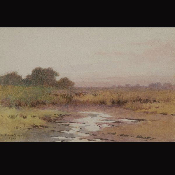 LORENZO PALMER LATIMER "California Sunset": LORENZO PALMER LATIMER (American 1857-1941) "California Sunset" Watercolor on paper. Sight: 6.5 x 9.75 inches/ 16.5 x 24.7 centimeters. Signed & dated lower left "L. P. Latimer, 1900" Frame: 13 x 16.2