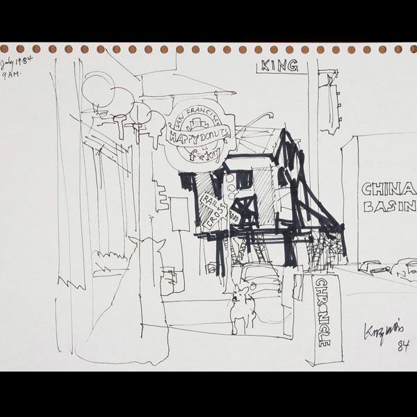 DONG KINGMAN Four works, Ink on paper: DONG KINGMAN (American 1911-2000) Four works: "China Basin & 3rd Street Bridge 9 AM", "7000 Block of Mission Street 11 AM", "Union Square 12:30 PM "& "Minna & 3rd Street" Ink & marker on morilla paper