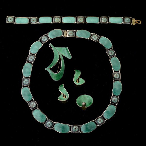 COLLECTION ENAMEL, STERLING SILVER JEWELRY ITEMS.: COLLECTION ENAMEL, STERLING SILVER JEWELRY ITEMS. Including one black, green, floral enamel, sterling silver David Anderson 7 inch bracelet and 16 inch necklace suite; together with one green enamel, 