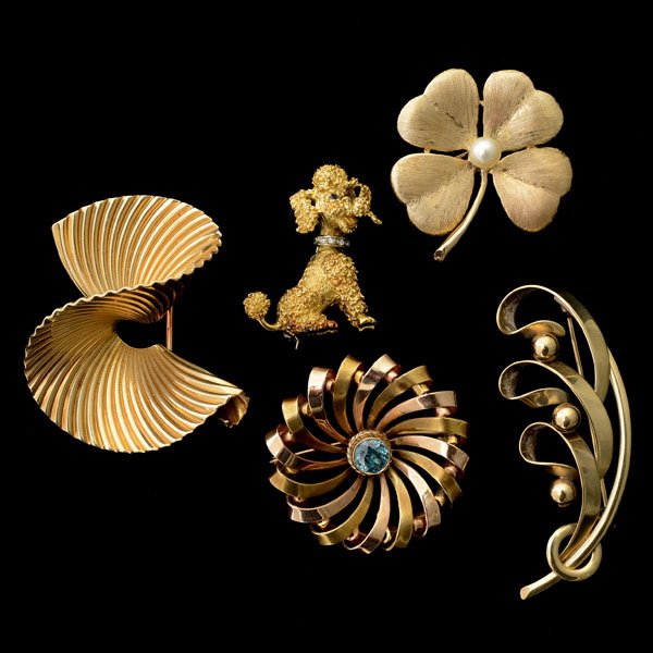 COLLECTION OF FIVE BROOCHES.: COLLECTION OF FIVE ZIRCON, CULTURED PEARL, SAPPHIRE, DIAMOND, YELLOW GOLD BROOCHES. Including one blue zircon, 14k yellow gold pin wheel brooch; one sapphire, diamond, 18k yellow gold poodle brooch; o