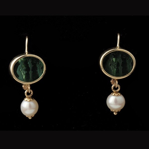 INTAGLIO, GLASS, CULTURED PEARL, GOLD EARRINGS: PAIR OF INTAGLIO, GLASS, CULTURED PEARL, 14K YELLOW GOLD EARRINGS. Each features one oval glass intaglio measuring approximately 12 x10 mm, accented by a 6 mm cultured pearl, set in a 14k yellow gold