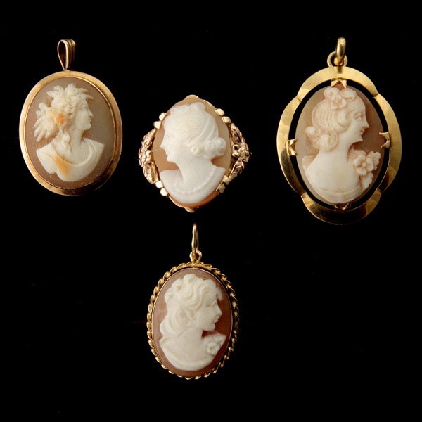 4 SHELL CAMEO, 10K, 14K YELLOW GOLD ITEMS.: COLLECTION OF FOUR SHELL CAMEO, 10K, 14K YELLOW GOLD ITEMS. Including one shell cameo, 10k yellow gold ring, size 5 1/2 and three shell cameo, 14k yellow gold pendants. 6.9 dwts