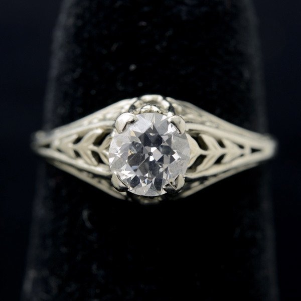 DIAMOND, 14K WHITE GOLD RING.: DIAMOND, 14K WHITE GOLD RING. Featuring one old European-cut diamond weighing approximately 0.50 ct., set in a 14k white gold mounting. Size 5 1/2, 1.3 dwts
