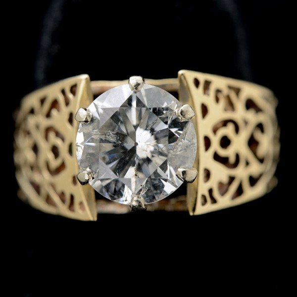DIAMOND, 14K YELLOW GOLD RING.: DIAMOND, 14K YELLOW GOLD RING. Featuring one round brilliant-cut diamond weighing approximately 1.45 ct., set in a 14k yellow gold filigree mounting. Size 5 1/2, 3.0 dwts