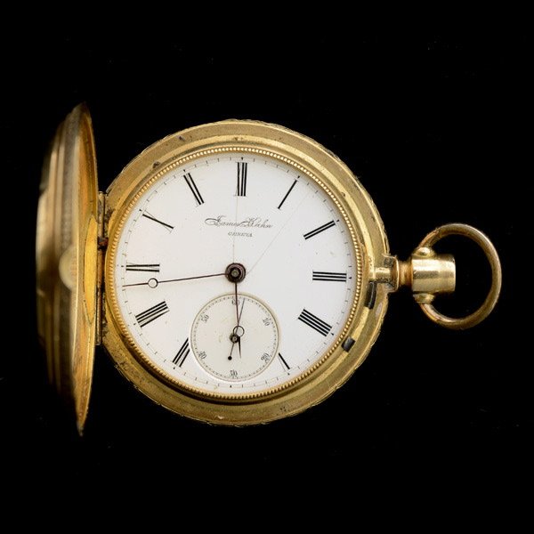 ENAMEL, 18K YELLOW GOLD POCKET WATCH.: ENAMEL, 18K YELLOW GOLD POCKET WATCH. DIAL: Round, white, black Roman numeral hour markers, black outer minutes track, sunken subsidiary seconds dial at 6 O'clock, blued breguet hands, James Kahn Gene