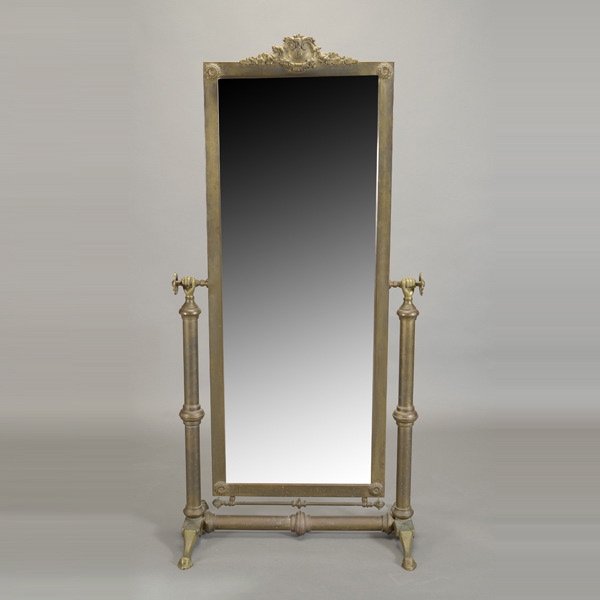 Rococo Taste Brass Cheval Mirror: Brass Cheval Bevel Plate Mirror with Hand Form Stiles and Rosettes in the Rococo Taste {Dimensions 66 x 73 x 19 1/2 inches}